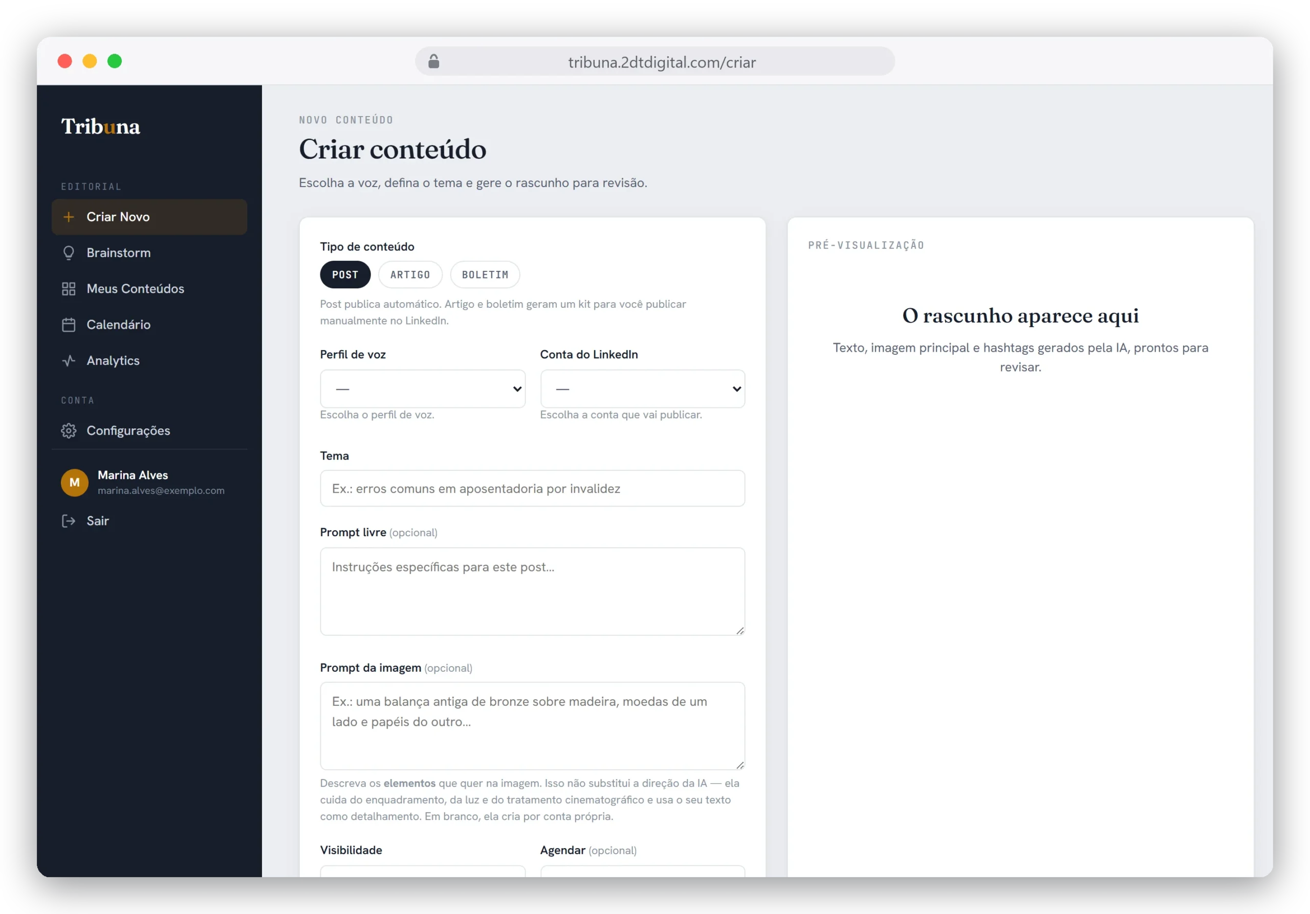 Editor de criação de post para LinkedIn com IA na Tribuna