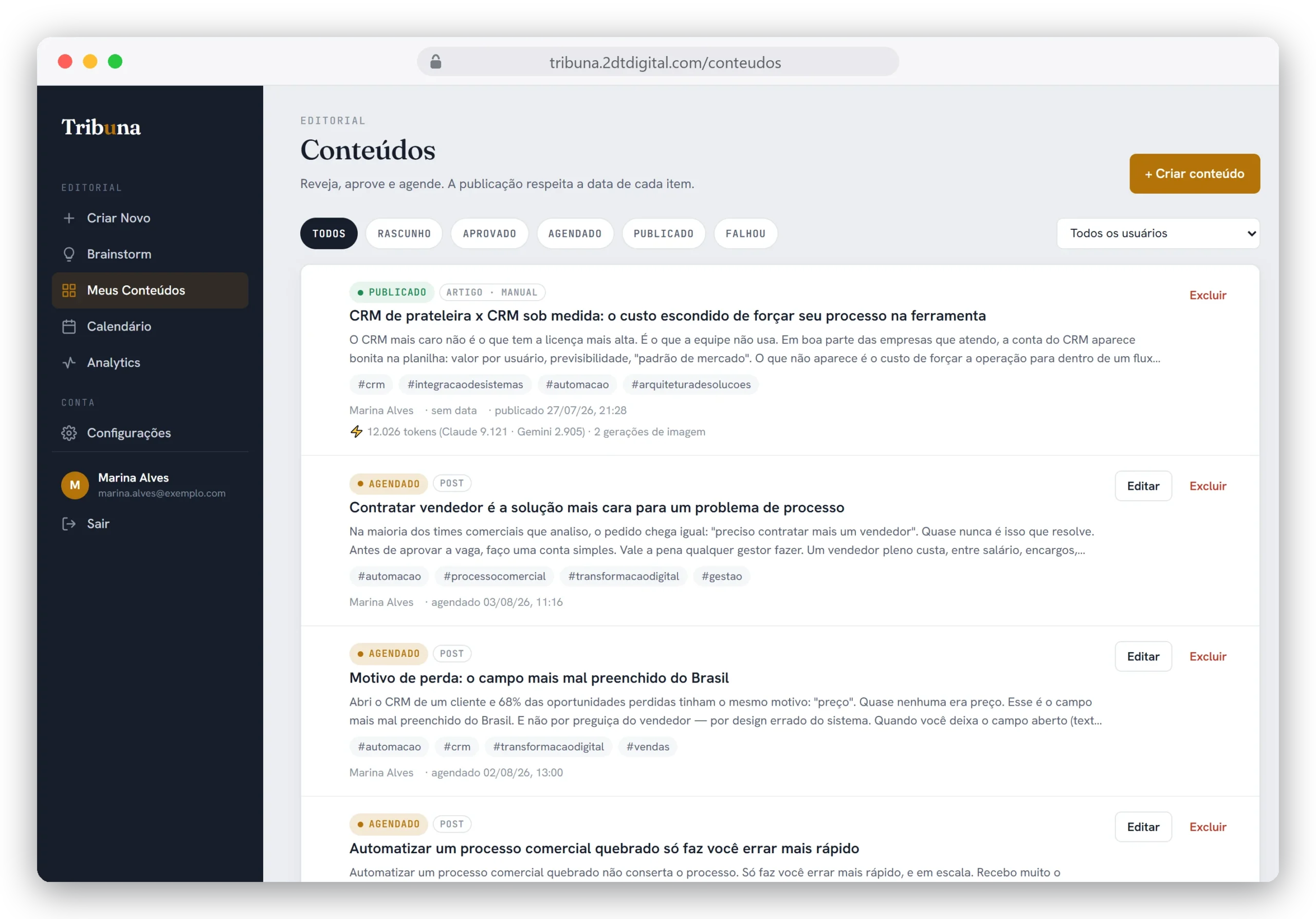 Lista de conteúdos do LinkedIn na Tribuna, com status de aprovação e agendamento